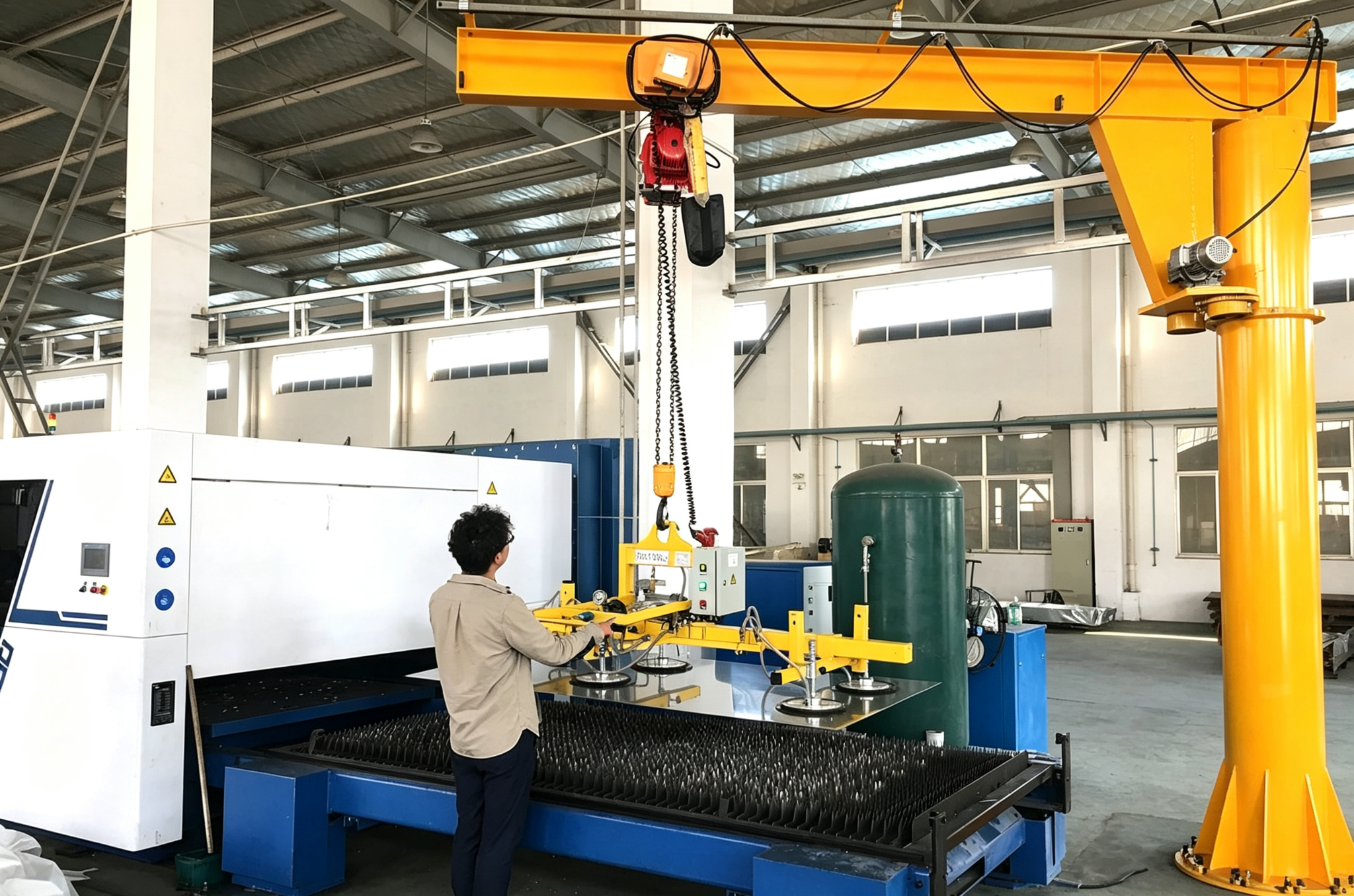 ZOKE free standing jib crane with vacuum lifter in a workshop